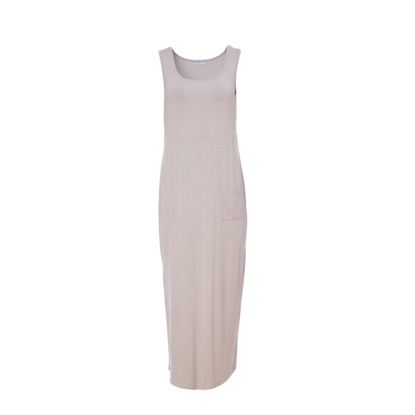 Naya Pocket Jersey Long Vest Dress NAS24167 in mink is a great dress for layering pieces over. It has side splits, vest shoulder straps and a round neckline as well as a patch pocket. Available from colmershill.pro