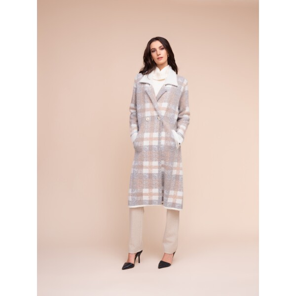 Alison Sheri A48017 plaid longline coatigan with notched collar and double-breasted front