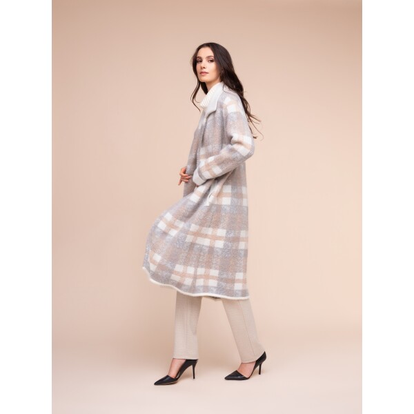 Alison Sheri Longline Cardigan Jacket A48017 in neutral cream beige and grey plaid