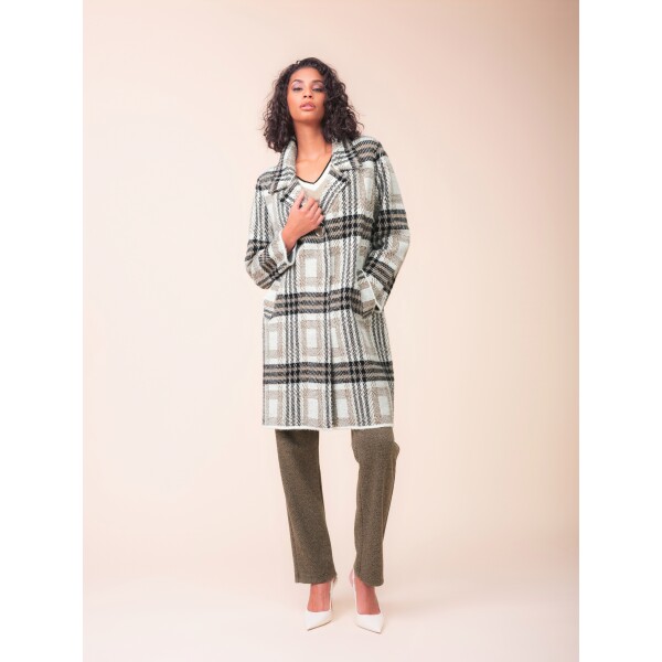 Alison Sheri Knitted Coatigan A48125 in beige check with notched lapel collar