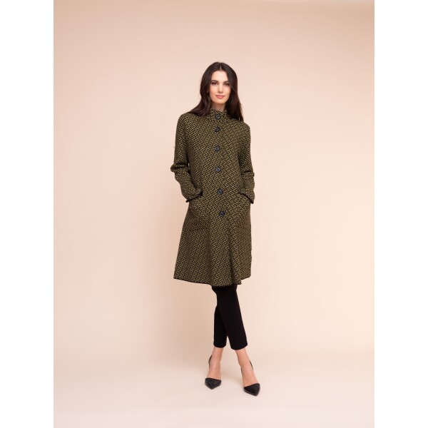 Alison Sheri Longline Jacket A48129 in lime green and black geometric jacquard