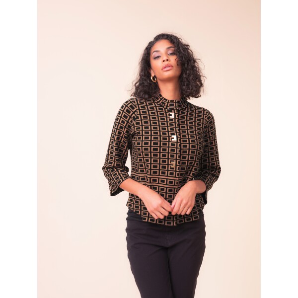 Alison Sheri Cardi-Jacket A48150 in camel and black geometric print