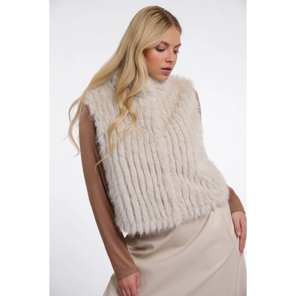 Rino & Pelle Dava Faux Fur Waistcoat in Birch with high stand collar