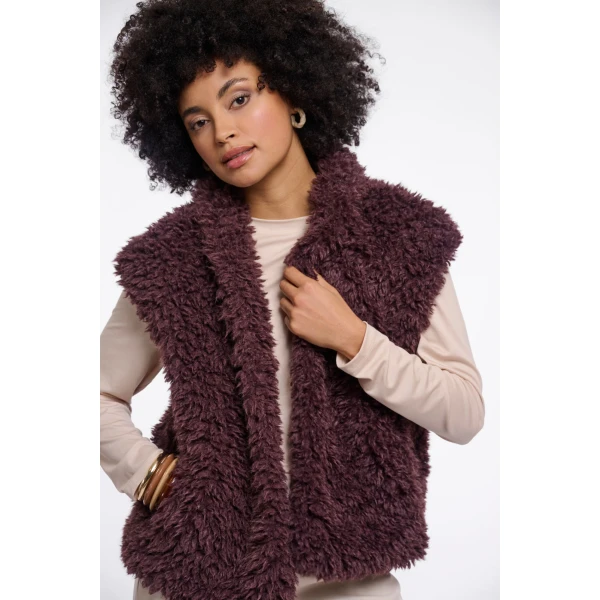 Rino & Pelle Freya Chocolate teddy gilet layered over a long sleeve top