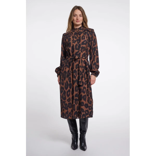 Rino & Pelle Ilonka Leopard Print Midi Dress in brown and black with tie waist