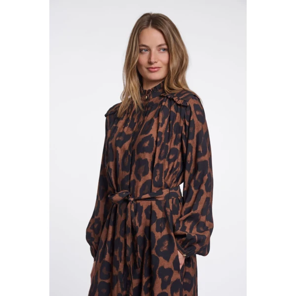 Rino & Pelle Ilonka brown leopard print midi dress styled with black boots