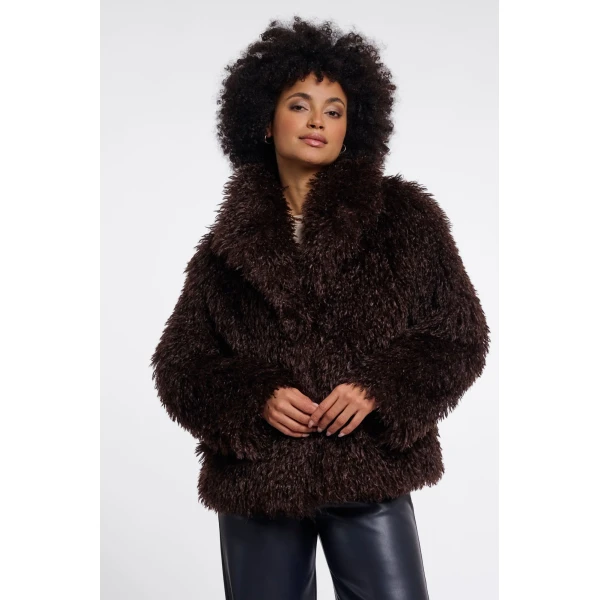 Rino & Pelle Lias Faux Fur Jacket in Chocolate on model with statement collar