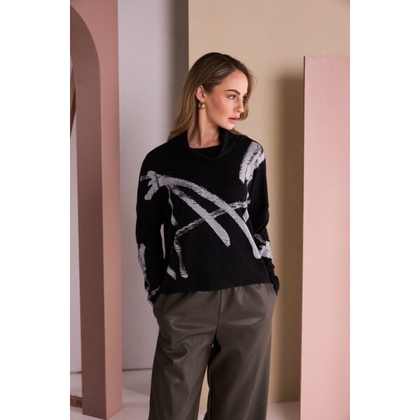 Naya Brush Stroke Print High Neck Top NAW26202 in Black and Silver