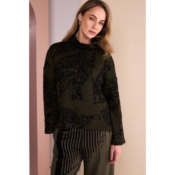 Naya Black and Thyme flocked knit top with funnel neck and drawstring detail