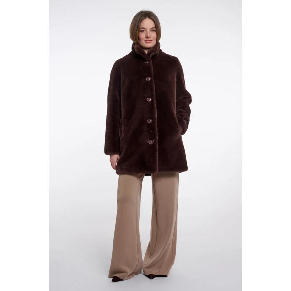 Rino & Pelle Nonna Coffee Roast faux fur coat styled with neutral wide leg trousers