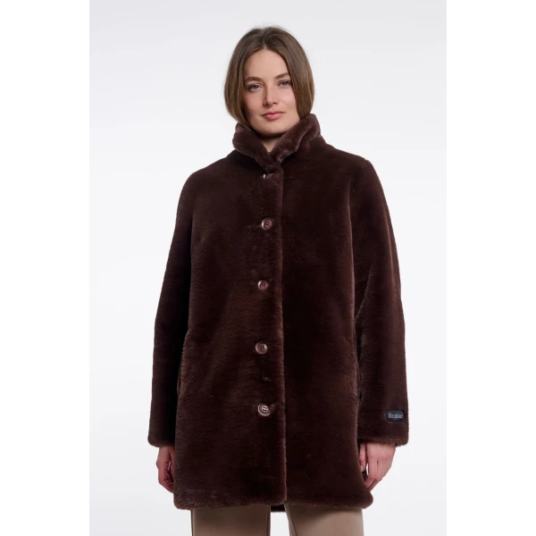 Rino & Pelle Nonna Faux Fur Coat in Coffee Roast brown with high neck and tonal buttons