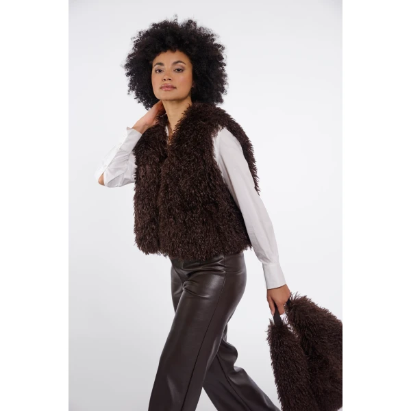 Women’s Rino & Pelle SENSY shaggy brown gilet layered over a white shirt