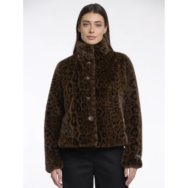 Rino & Pelle Vie faux fur jacket in leopard print with high neck and button fastening