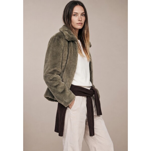 Fynch Hatton Dusky Green Faux Fur Jacket model side view