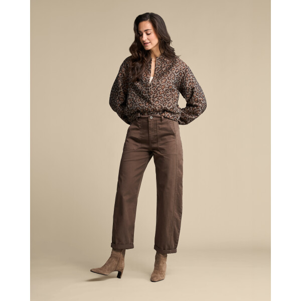 Red Button Jacquard Lurex Bomber Jacket in Grey Brown leopard print styled with brown trousers