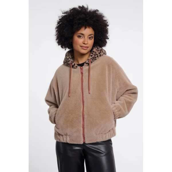 Rino & Pelle Ori Jacket in Oat faux fur hooded jacket front view