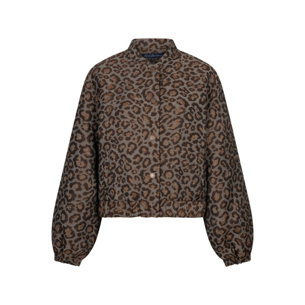 Red Button Grey Brown leopard bomber jacket with stand collar and button front